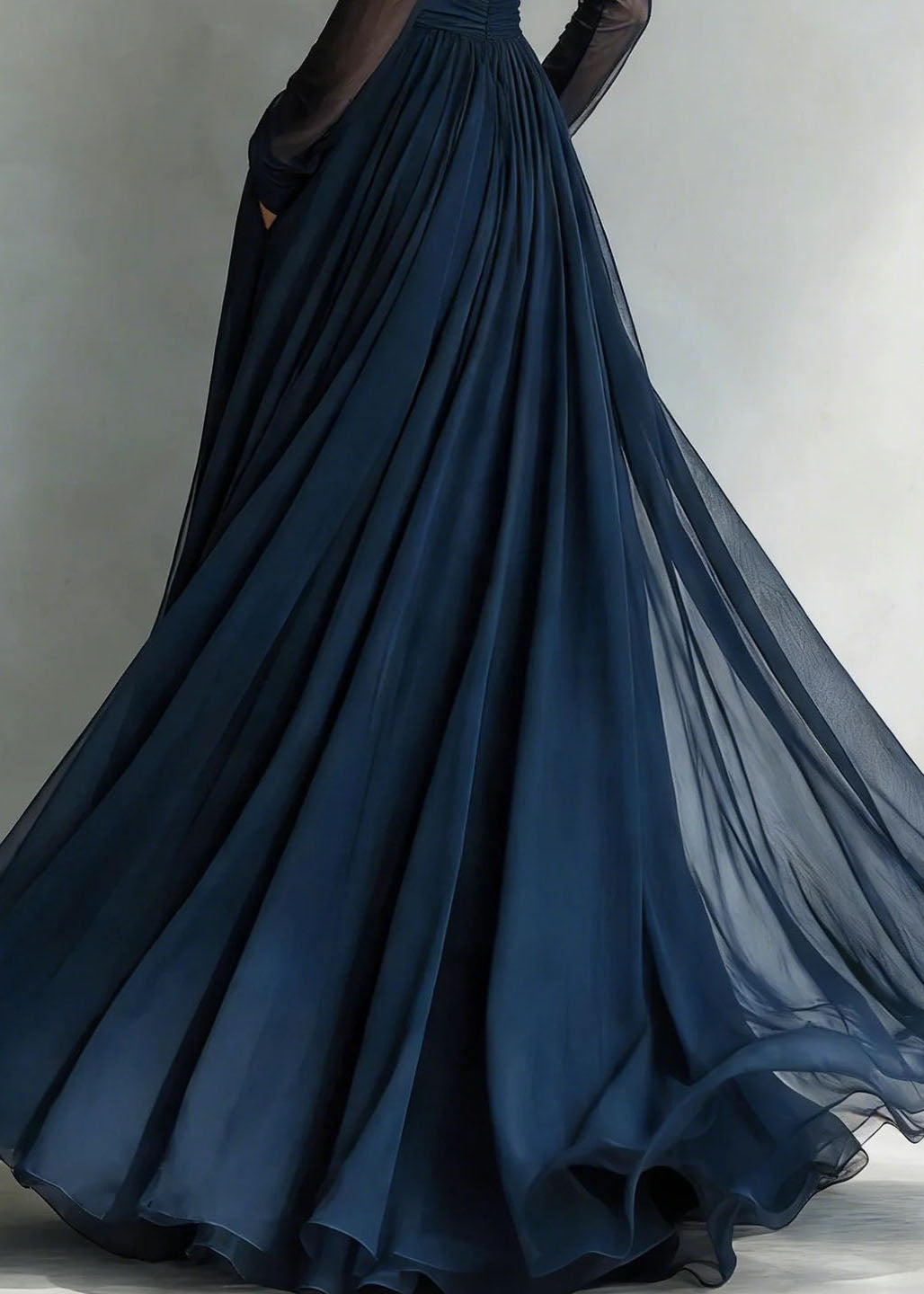 Off Shoulder Ruched Bodice Sheer Long Sleeve Tulle Pocket Maxi Gown