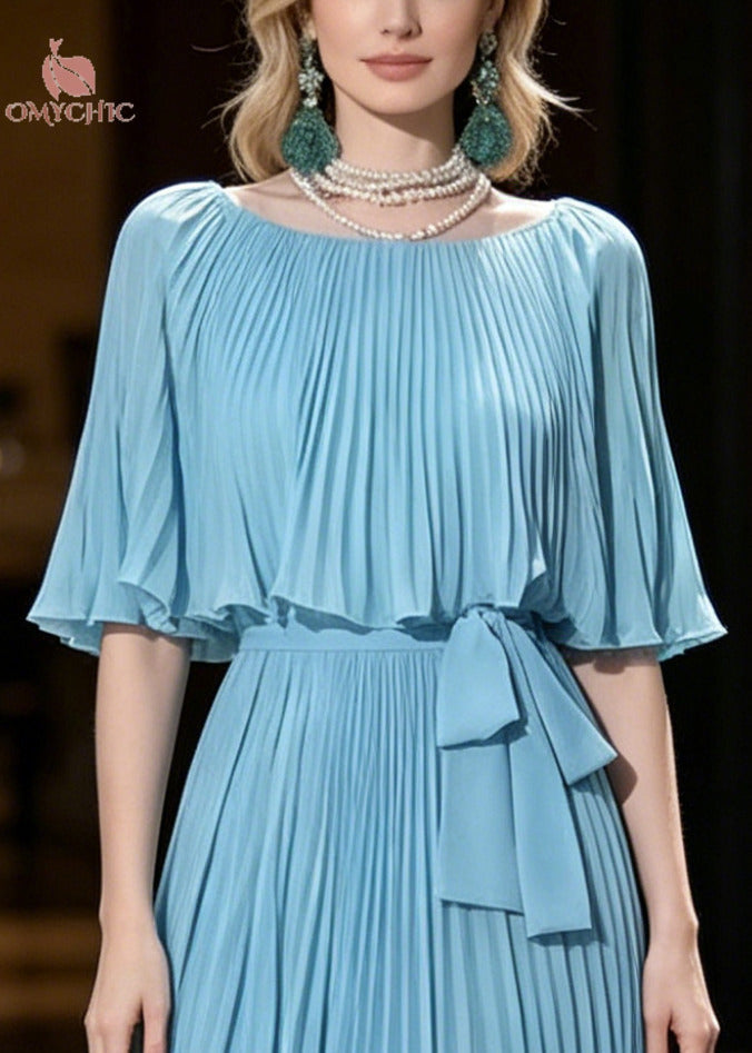 Chiffon Accordion Pleated Round Neck Cape Sleeve Tie Waist A-Line Midi Dress