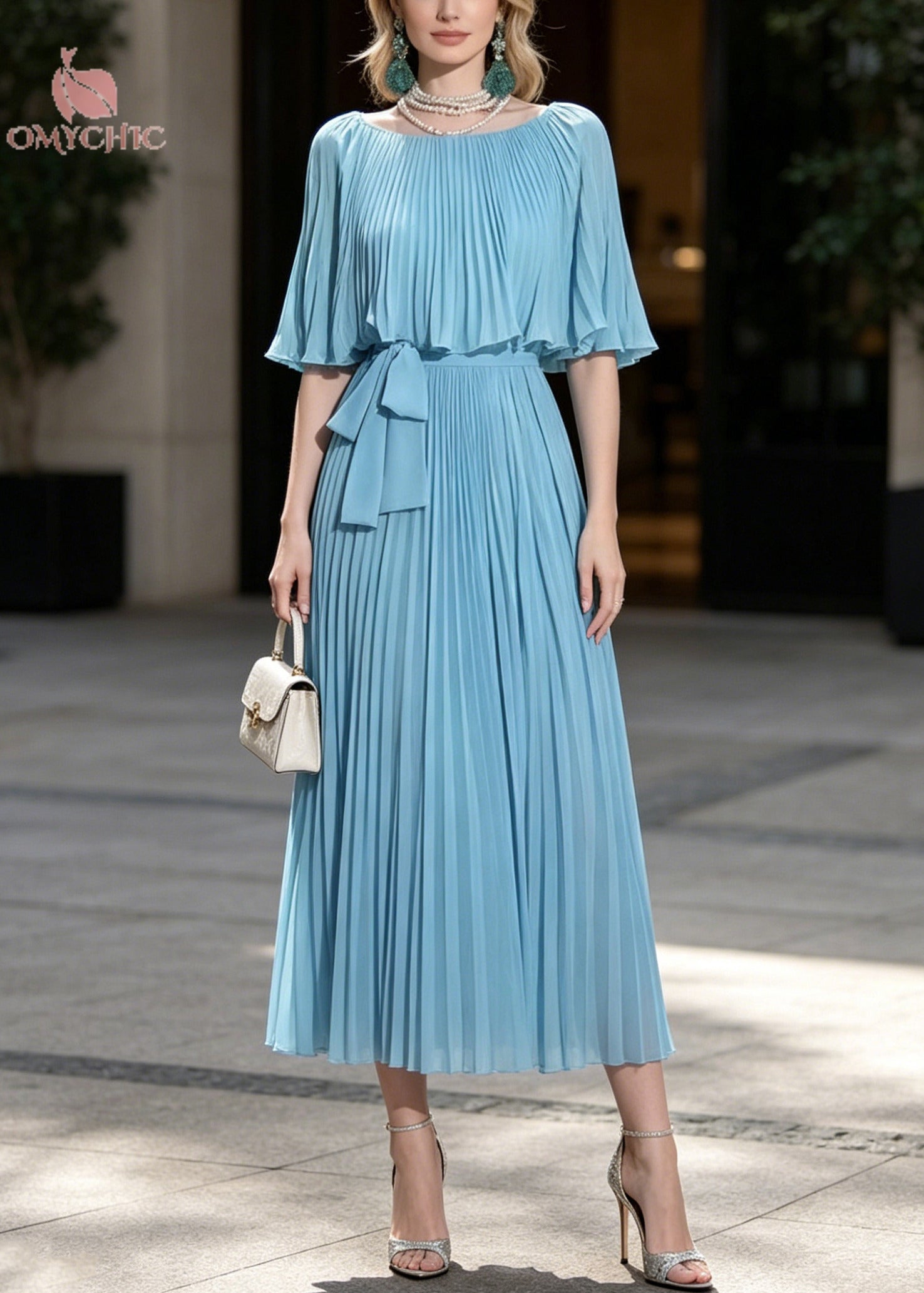 Chiffon Accordion Pleated Round Neck Cape Sleeve Tie Waist A-Line Midi Dress