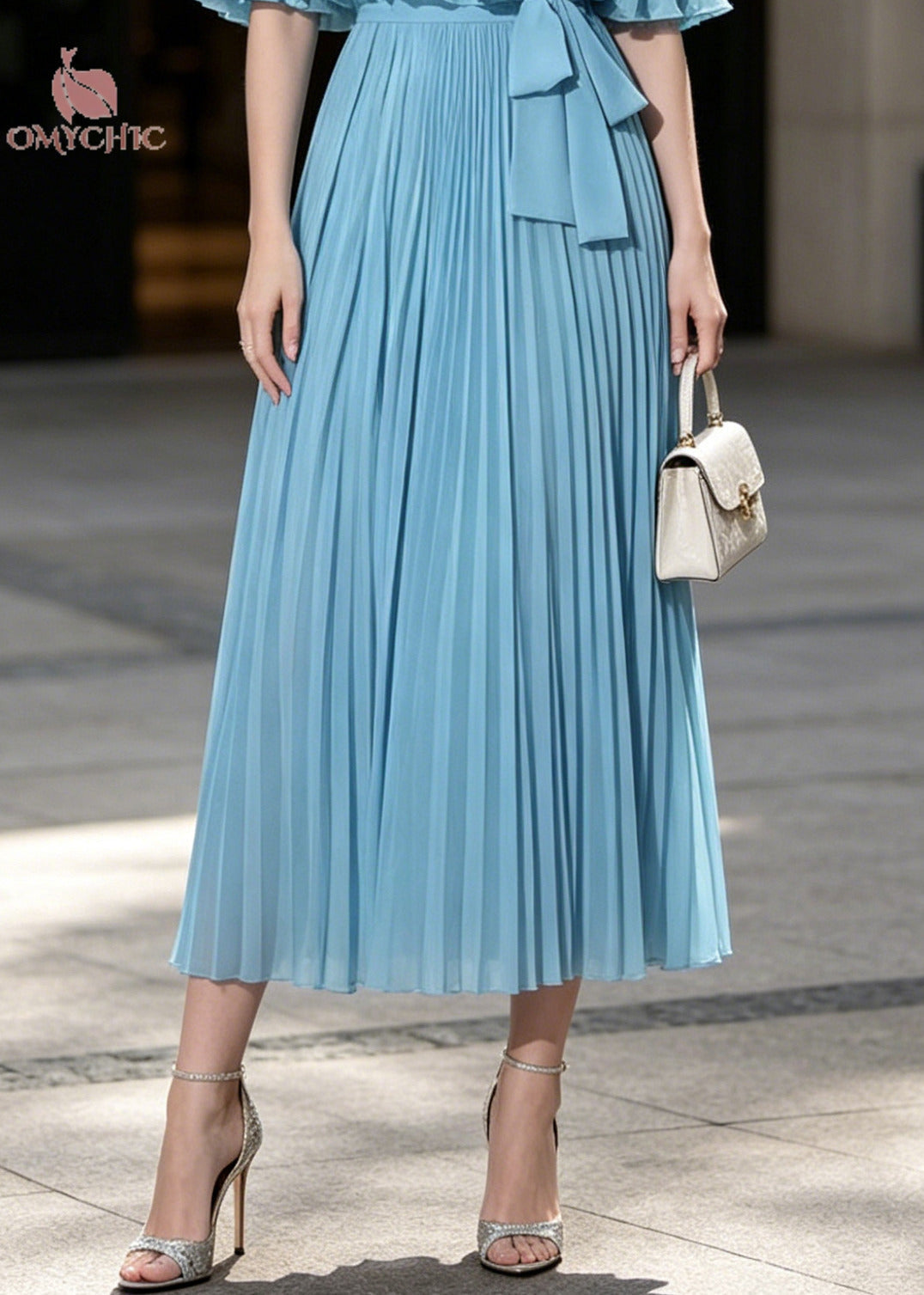 Chiffon Accordion Pleated Round Neck Cape Sleeve Tie Waist A-Line Midi Dress