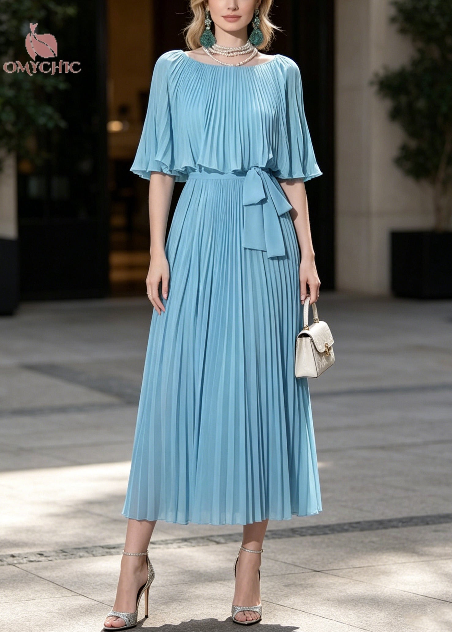 Chiffon Accordion Pleated Round Neck Cape Sleeve Tie Waist A-Line Midi Dress