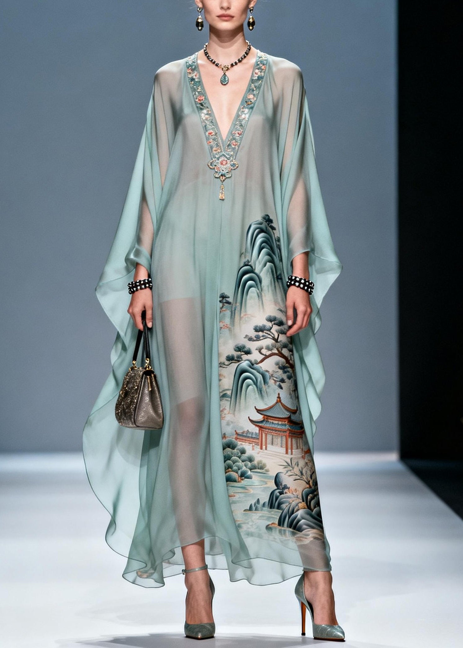 Chiffon Deep V-Neck Embroidered Trim Kaftan Sleeve Maxi Gown