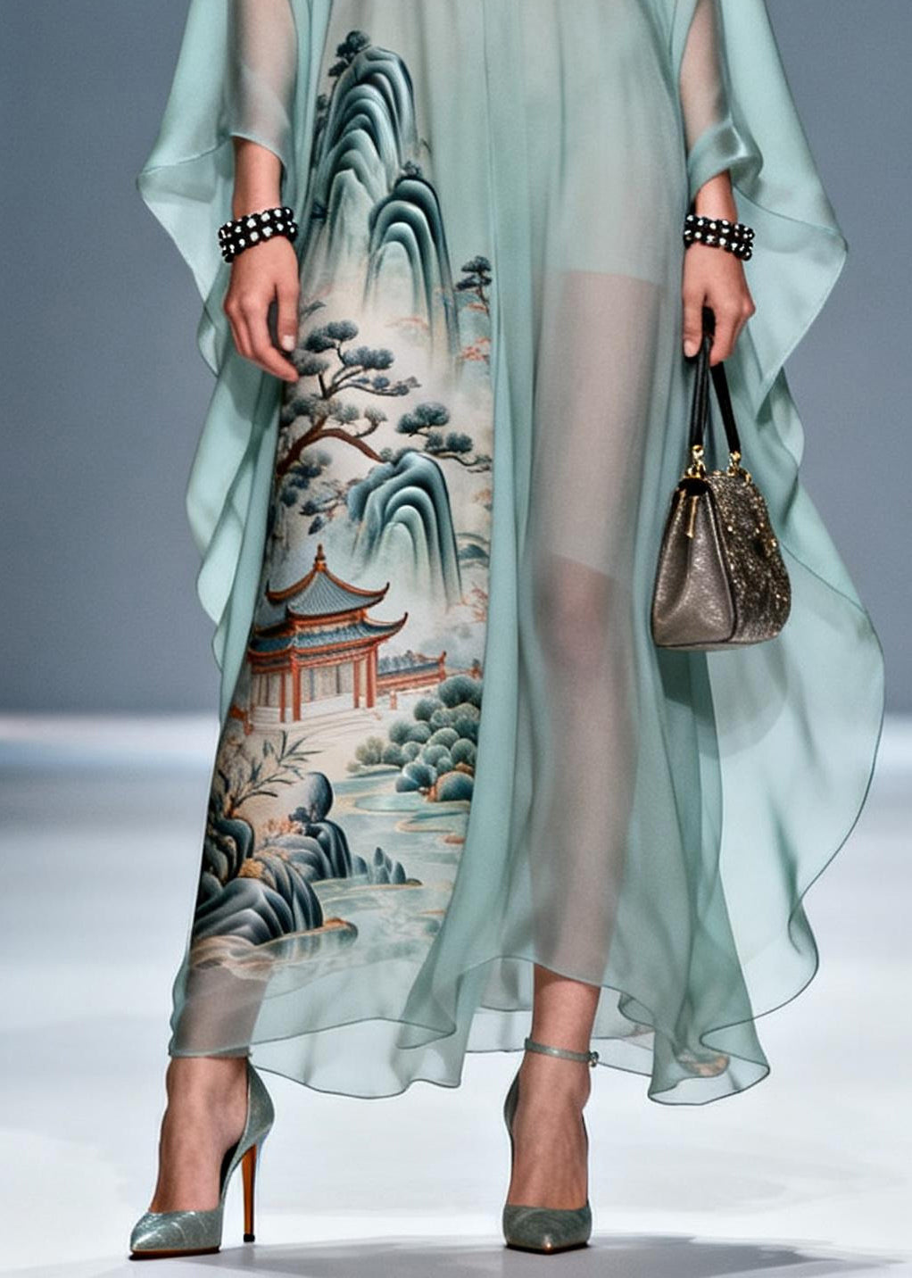 Chiffon Deep V-Neck Embroidered Trim Kaftan Sleeve Maxi Gown