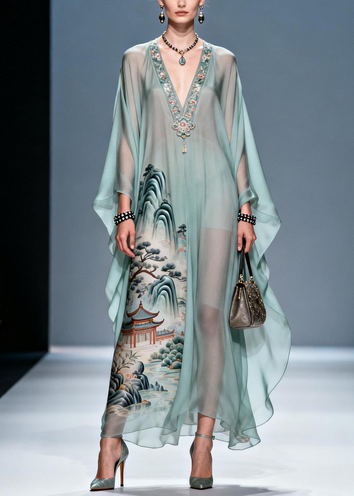 Chiffon Deep V-Neck Embroidered Trim Kaftan Sleeve Maxi Gown
