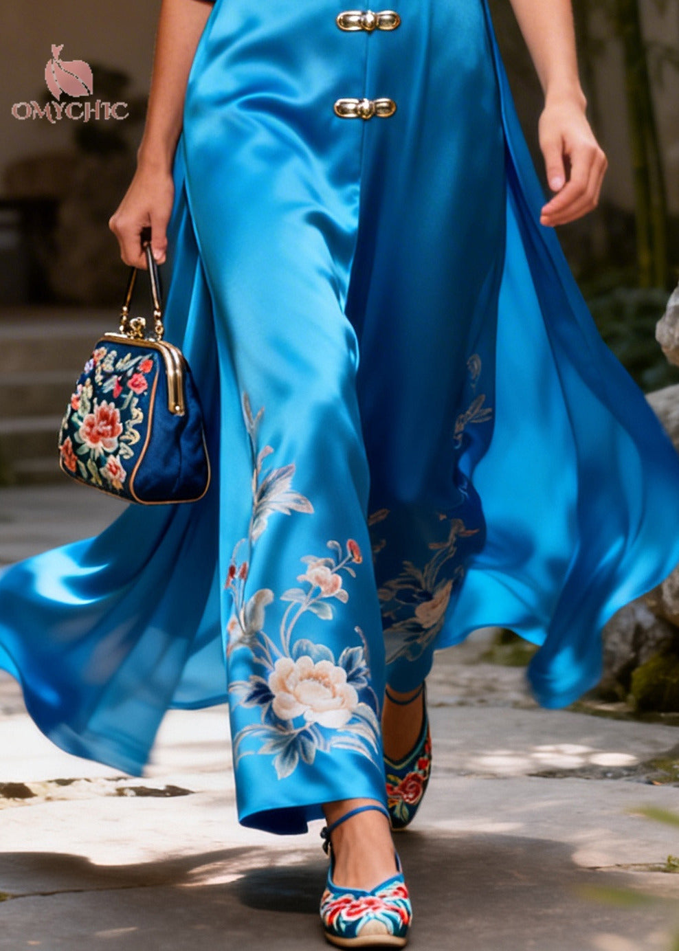 Satin Floral Embroidery Deep V-Neck Frog Closure Puff Sleeve Maxi Gown