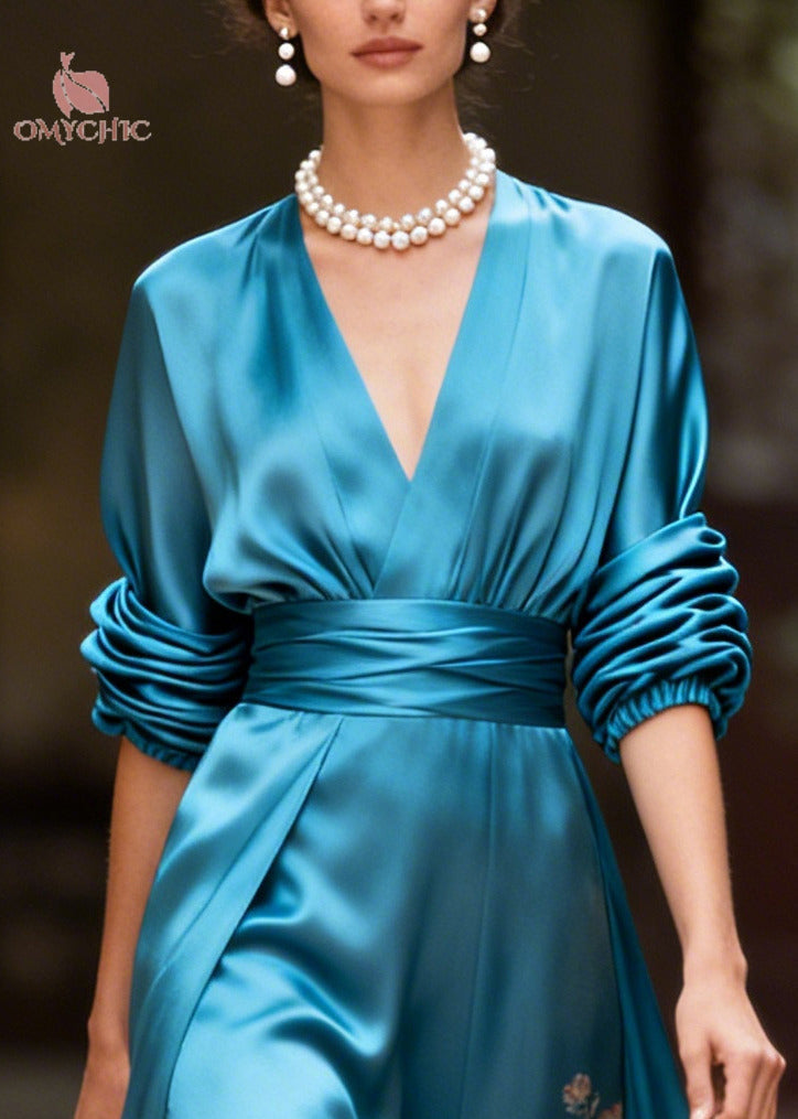 Fine Blue V Neck Print Silk Maxi Dress Long Sleeve 2
