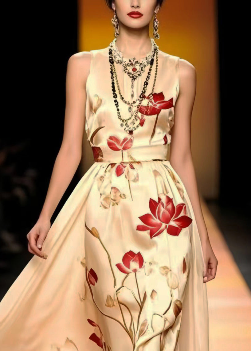 Floral Print Round Neck Sleeveless Satin Attached Overskirt High Low Maxi Gown