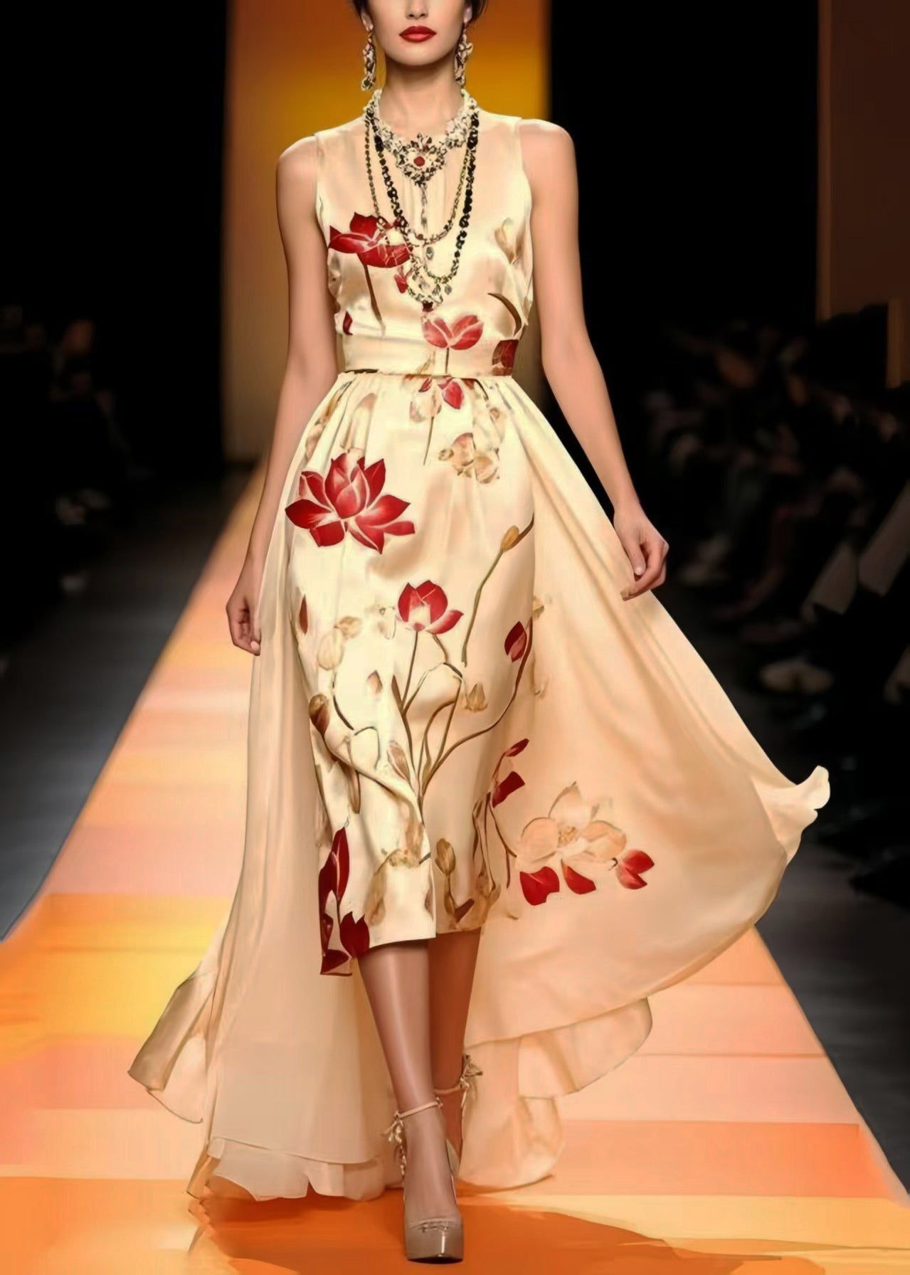Floral Print Round Neck Sleeveless Satin Attached Overskirt High Low Maxi Gown