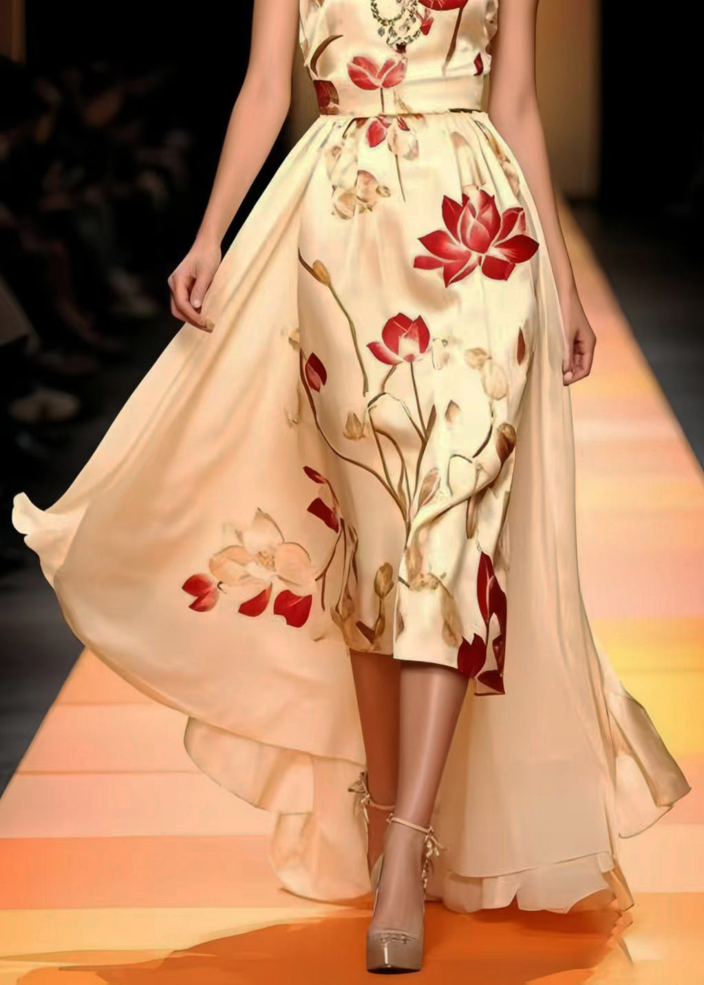 Floral Print Round Neck Sleeveless Satin Attached Overskirt High Low Maxi Gown