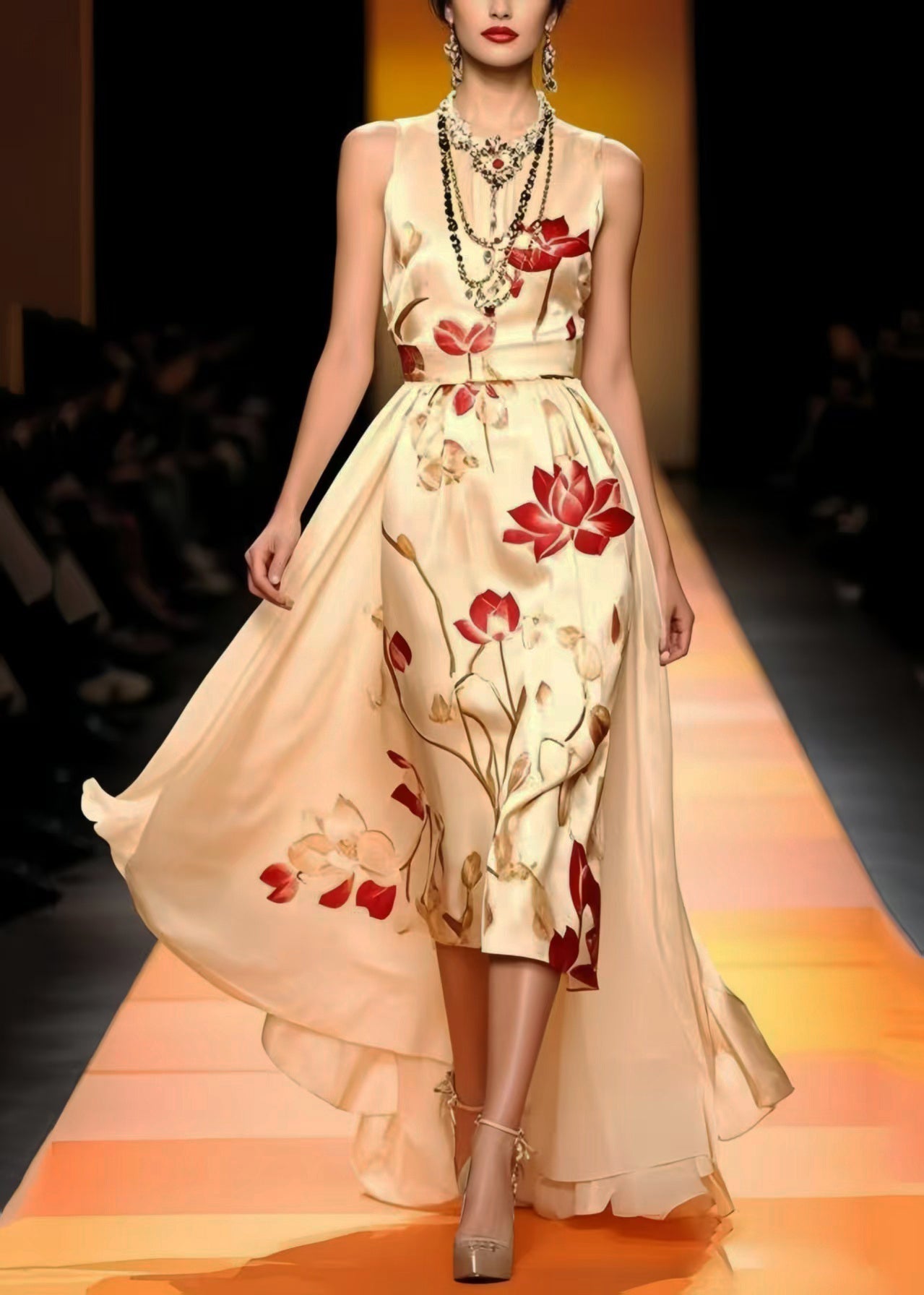 Floral Print Round Neck Sleeveless Satin Attached Overskirt High Low Maxi Gown