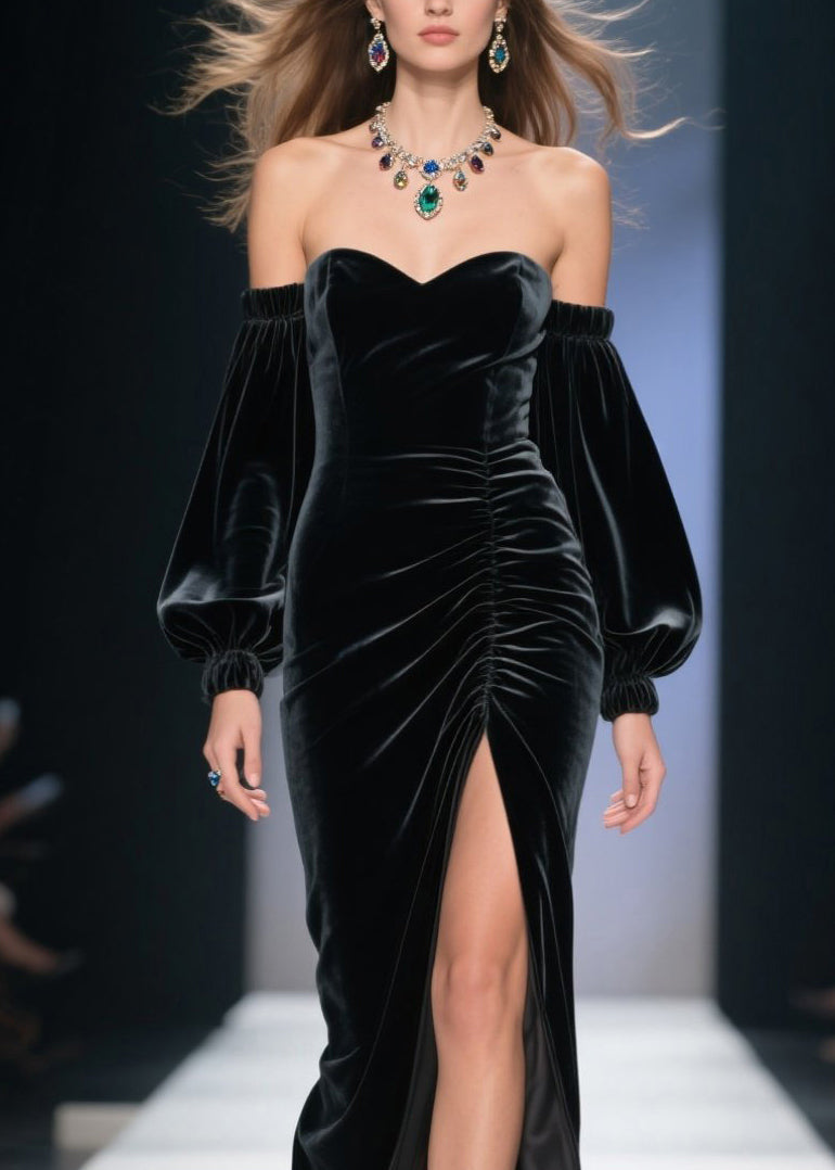Velvet Off Shoulder Bishop Sleeve Ruched Front High Split Maxi Gown