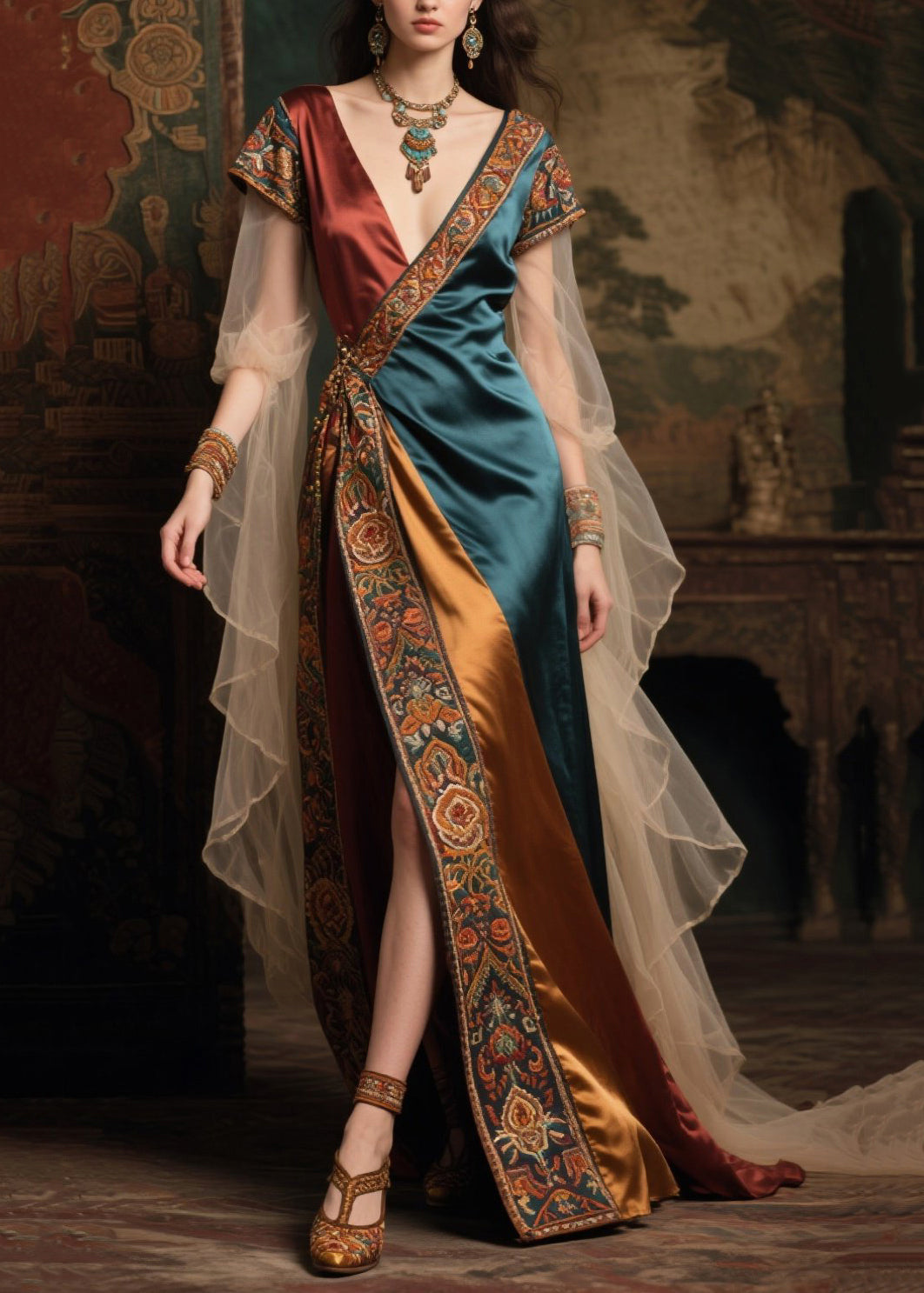 Fine Colorblock Asymmetrical Patchwork Tulle Maxi Dress Summer - View 3