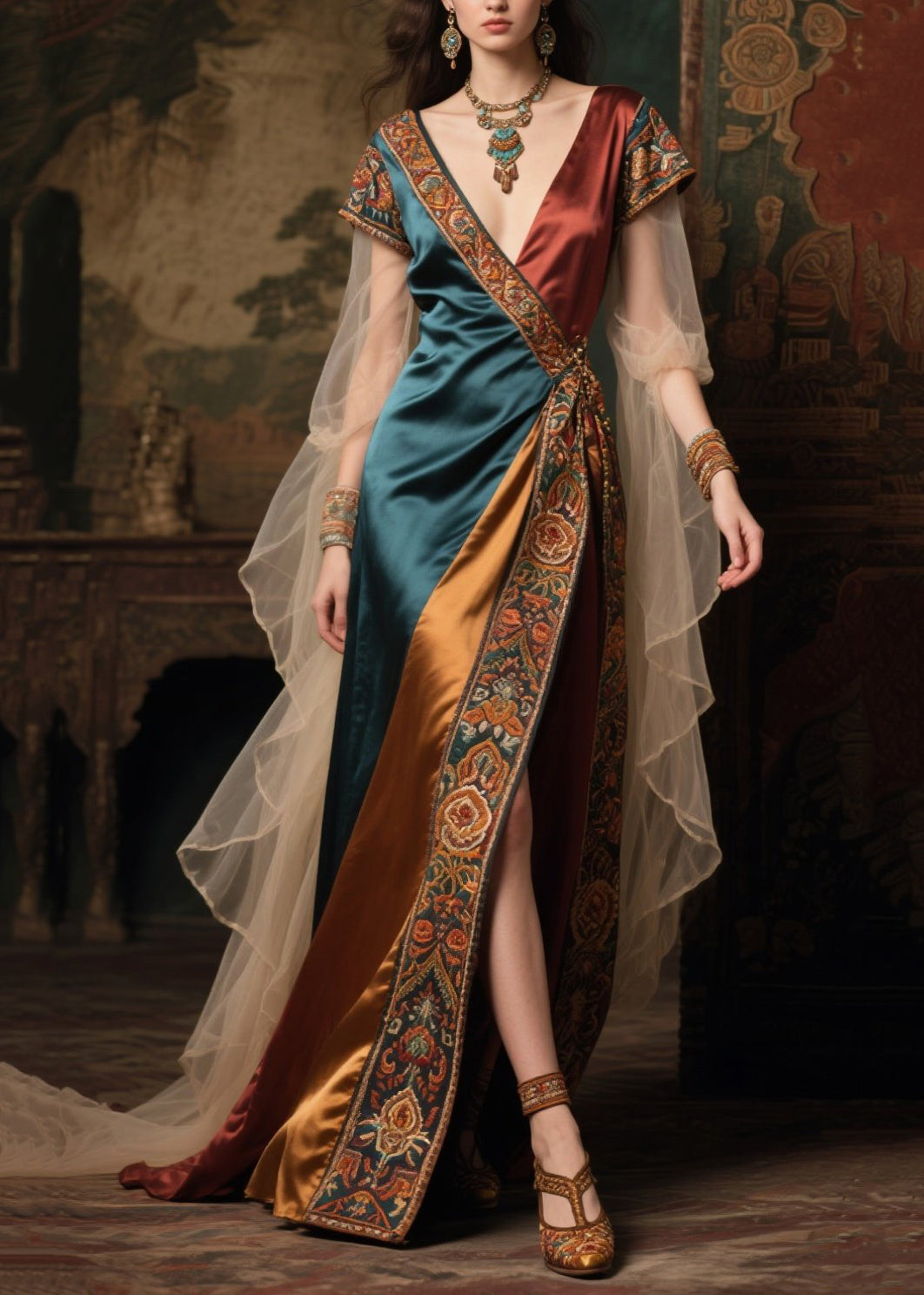 Fine Colorblock Asymmetrical Patchwork Tulle Maxi Dress Summer - View 5