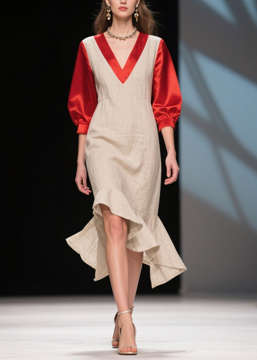 Deep V-Neck Puff Sleeve Satin Neckline Trim Asymmetrical Ruffle Midi Dress
