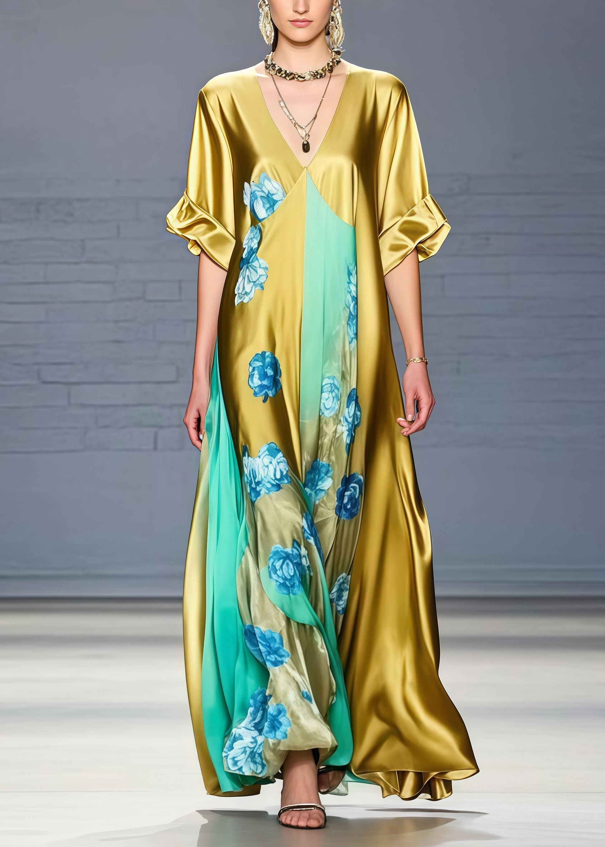 Floral Print Deep V-Neck Short Sleeve Panel Kaftan Maxi Gown