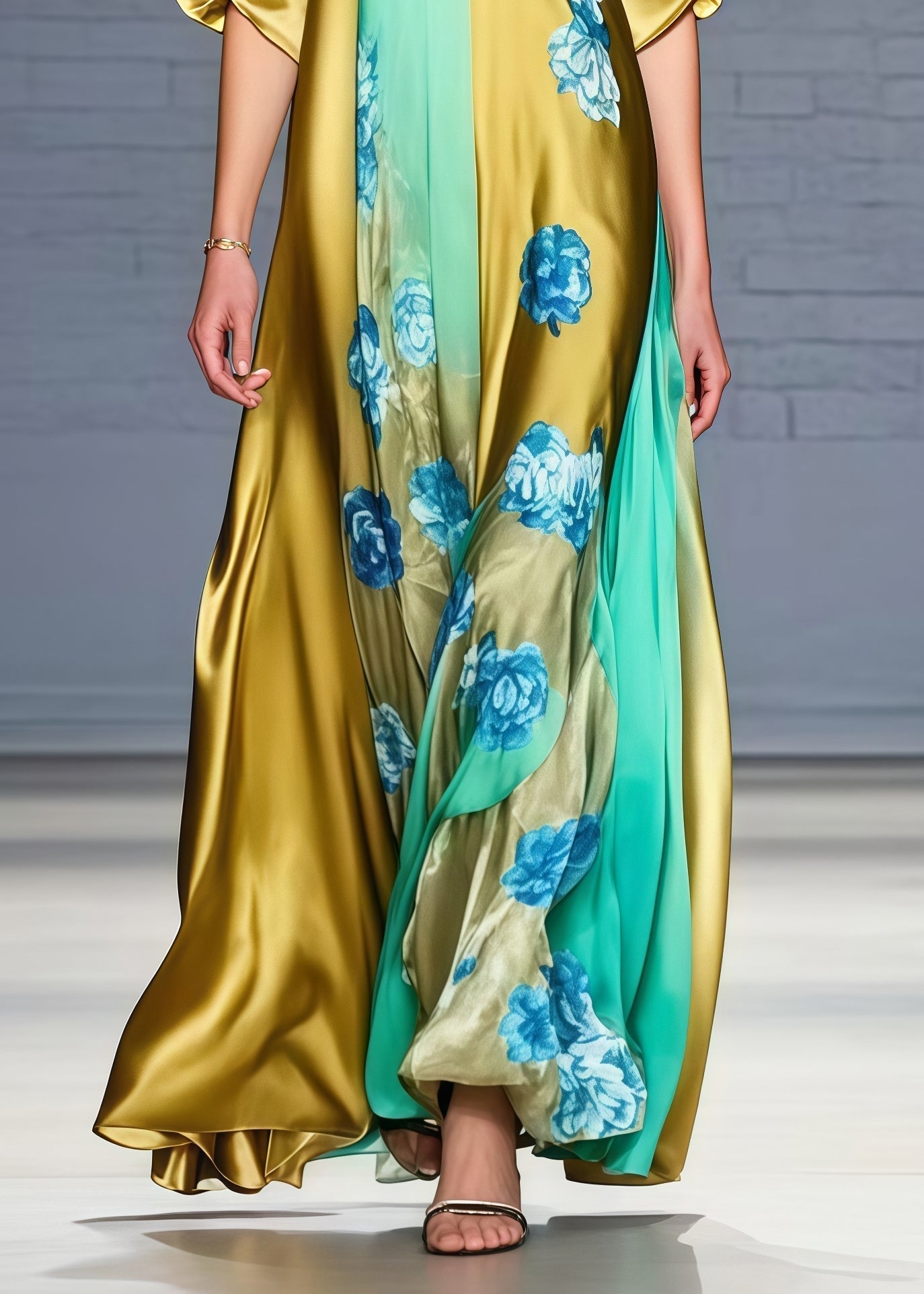 Floral Print Deep V-Neck Short Sleeve Panel Kaftan Maxi Gown