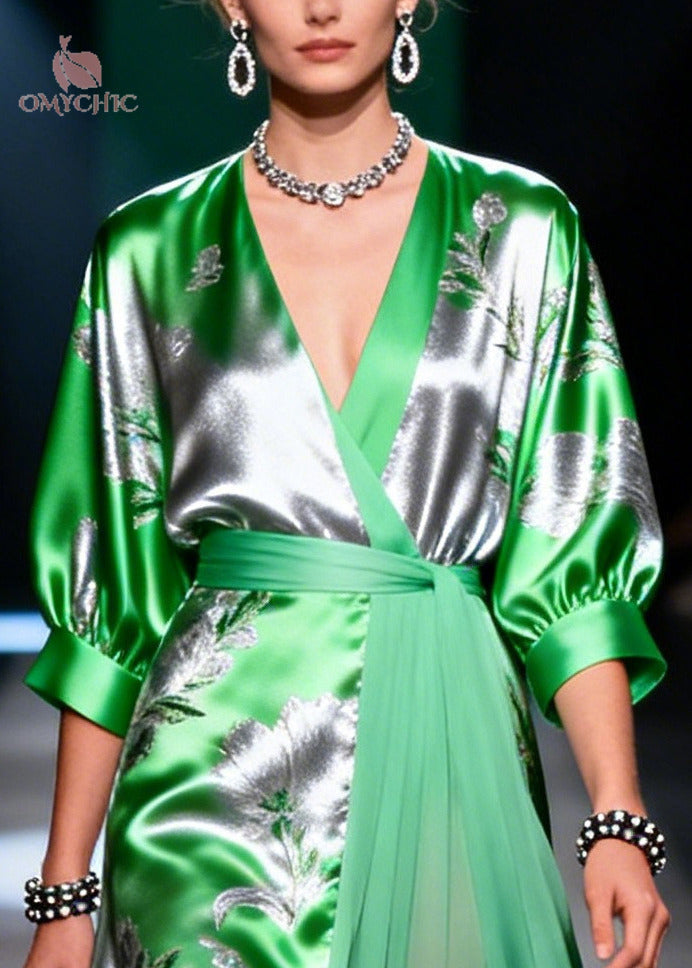 Fine Grass Green Jacquard Patchwork Low High Chiffon Maxi Dress - View 2