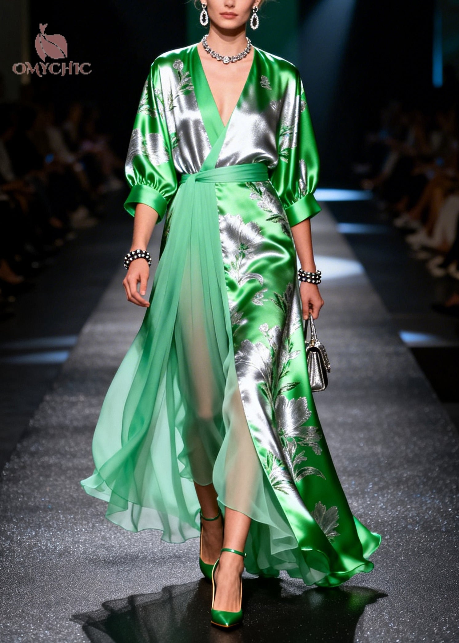 Fine Grass Green Jacquard Patchwork Low High Chiffon Maxi Dress - View 3