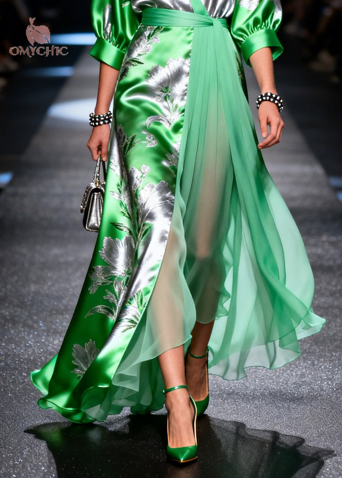 Fine Grass Green Jacquard Patchwork Low High Chiffon Maxi Dress - View 4
