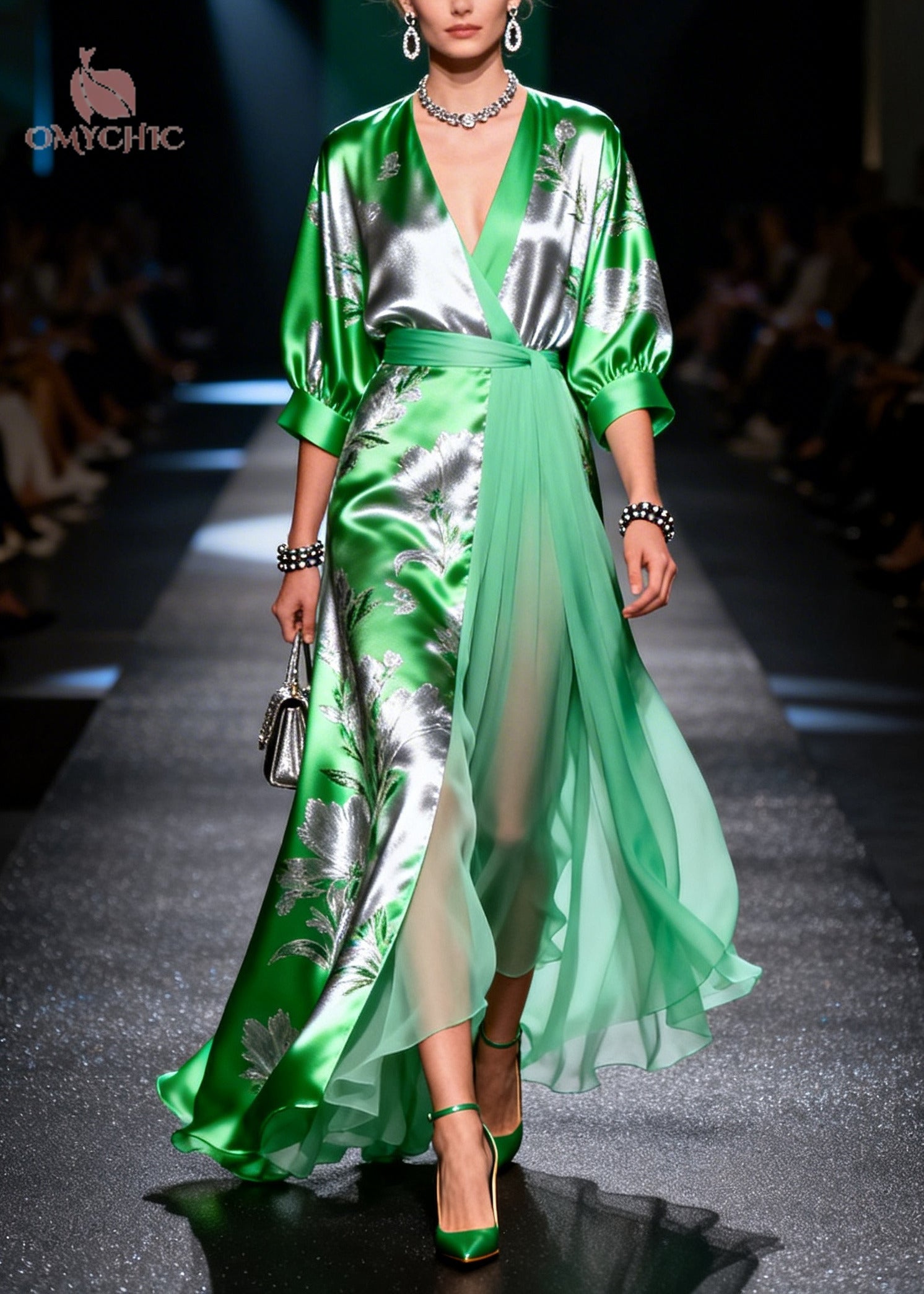 Fine Grass Green Jacquard Patchwork Low High Chiffon Maxi Dress - View 5