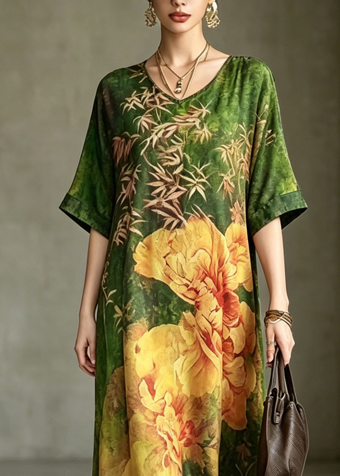 Floral Print V-Neck Short Sleeve Relaxed Shift Maxi Dress