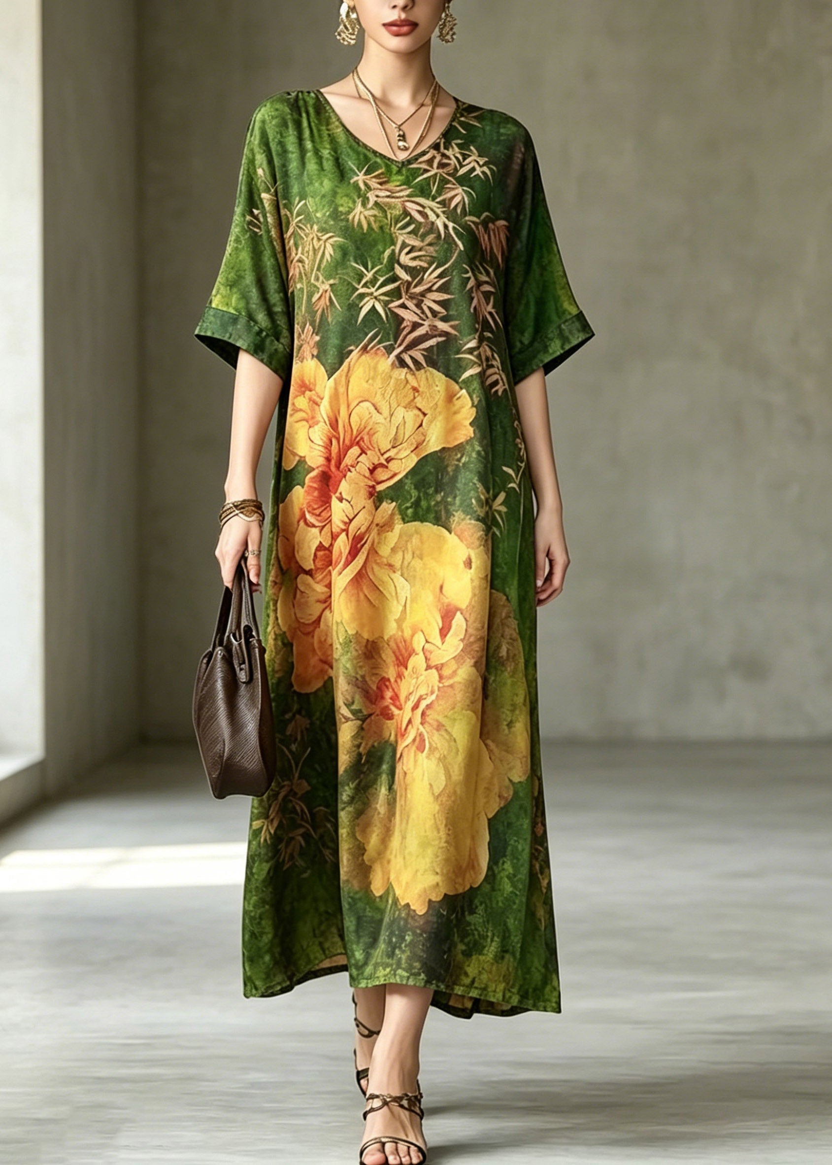 Floral Print V-Neck Short Sleeve Relaxed Shift Maxi Dress
