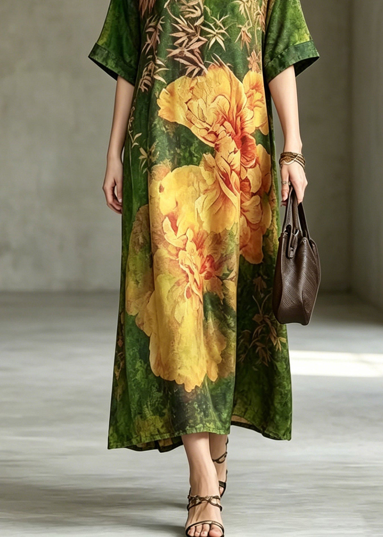 Floral Print V-Neck Short Sleeve Relaxed Shift Maxi Dress