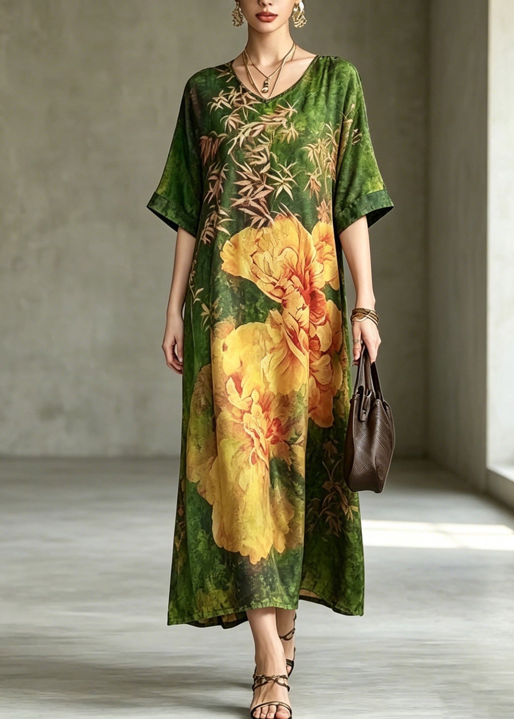 Floral Print V-Neck Short Sleeve Relaxed Shift Maxi Dress
