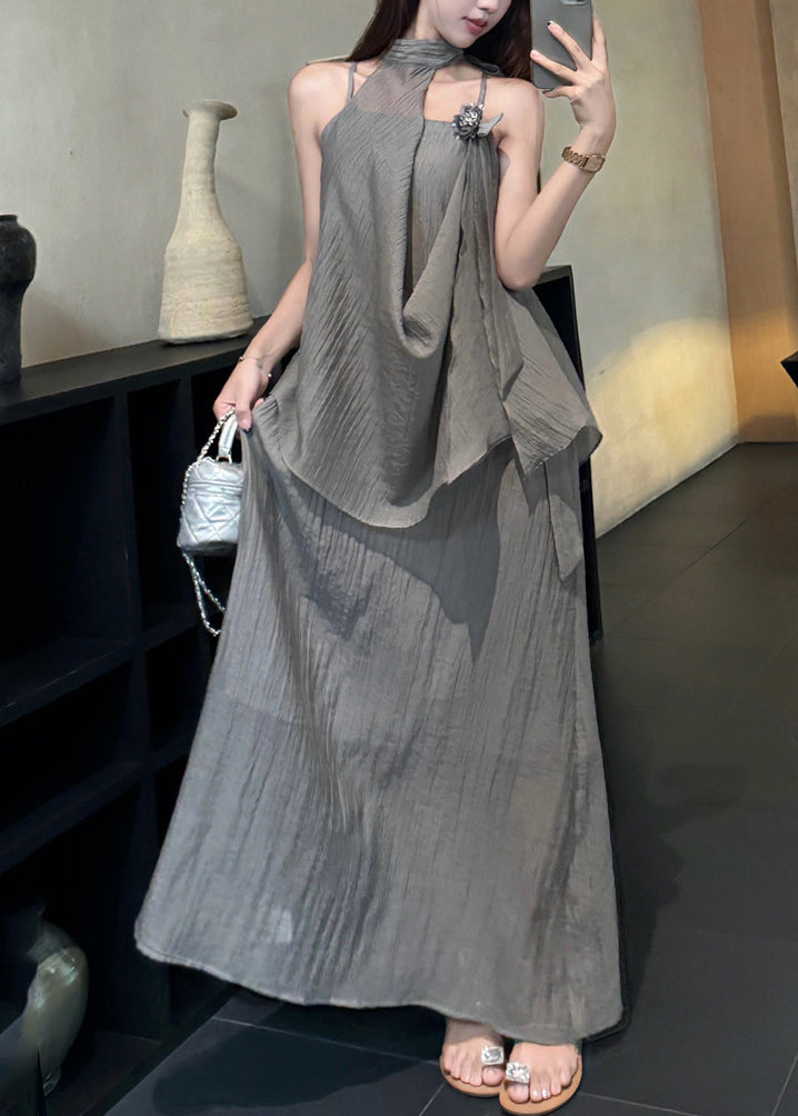 Halter Neck Asymmetric Draped Crinkle Chiffon Two Piece Set