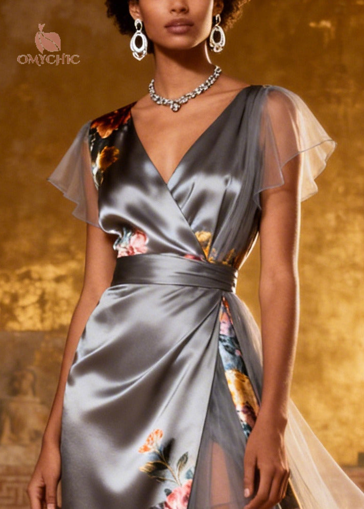 Floral V-Neck Flutter Sleeve Wrap High Split Satin Midi Dress