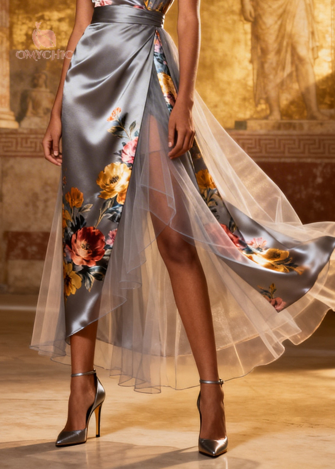 Floral V-Neck Flutter Sleeve Wrap High Split Satin Midi Dress