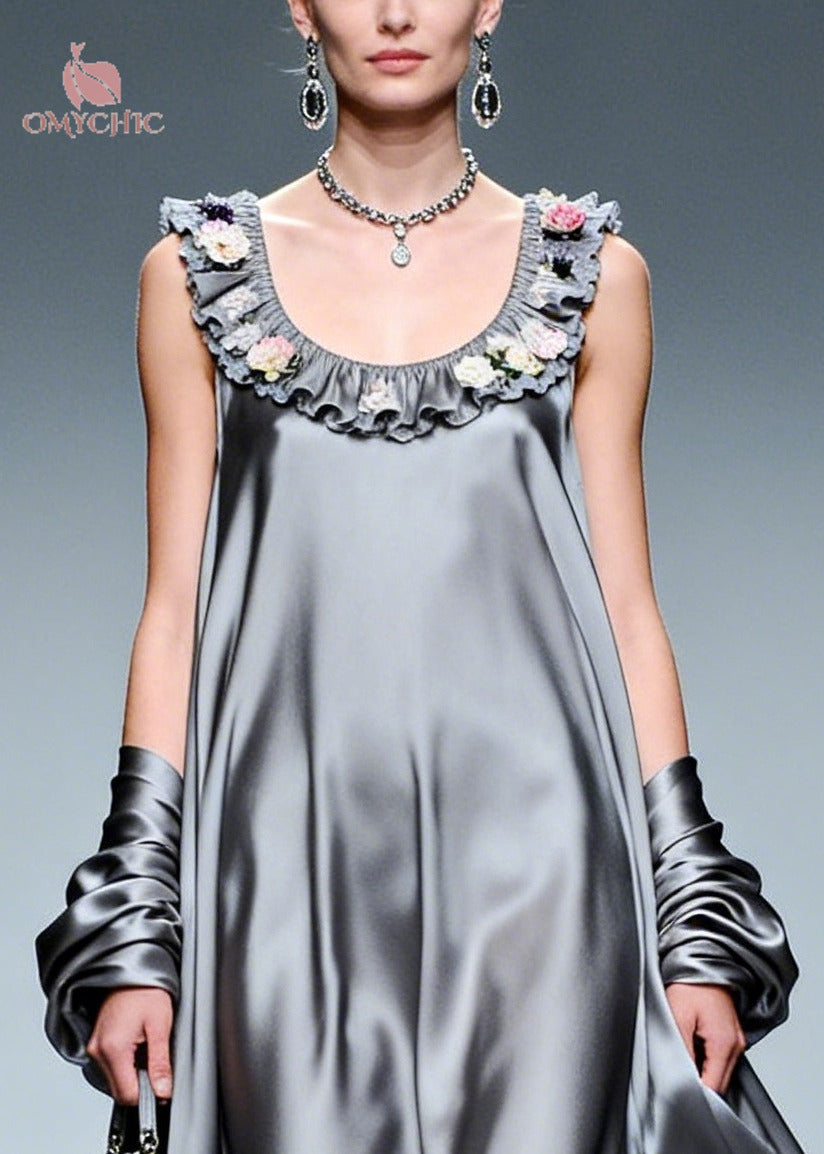 Floral Ruffle Scoop Neck Metallic Satin Oversized Sleeveless Maxi Gown