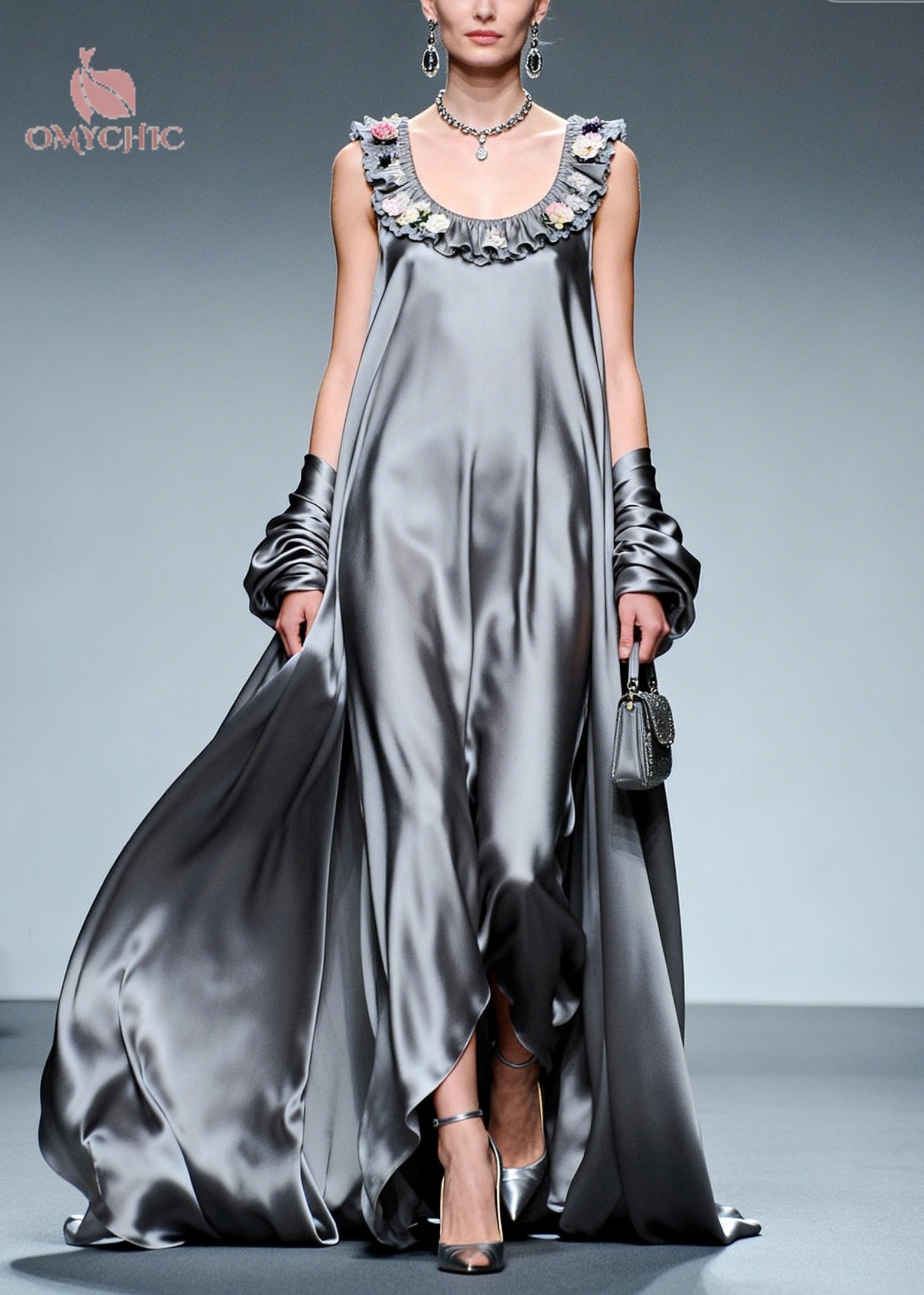 Floral Ruffle Scoop Neck Metallic Satin Oversized Sleeveless Maxi Gown