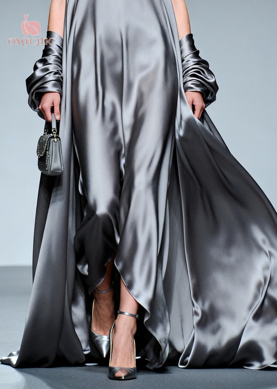 Floral Ruffle Scoop Neck Metallic Satin Oversized Sleeveless Maxi Gown