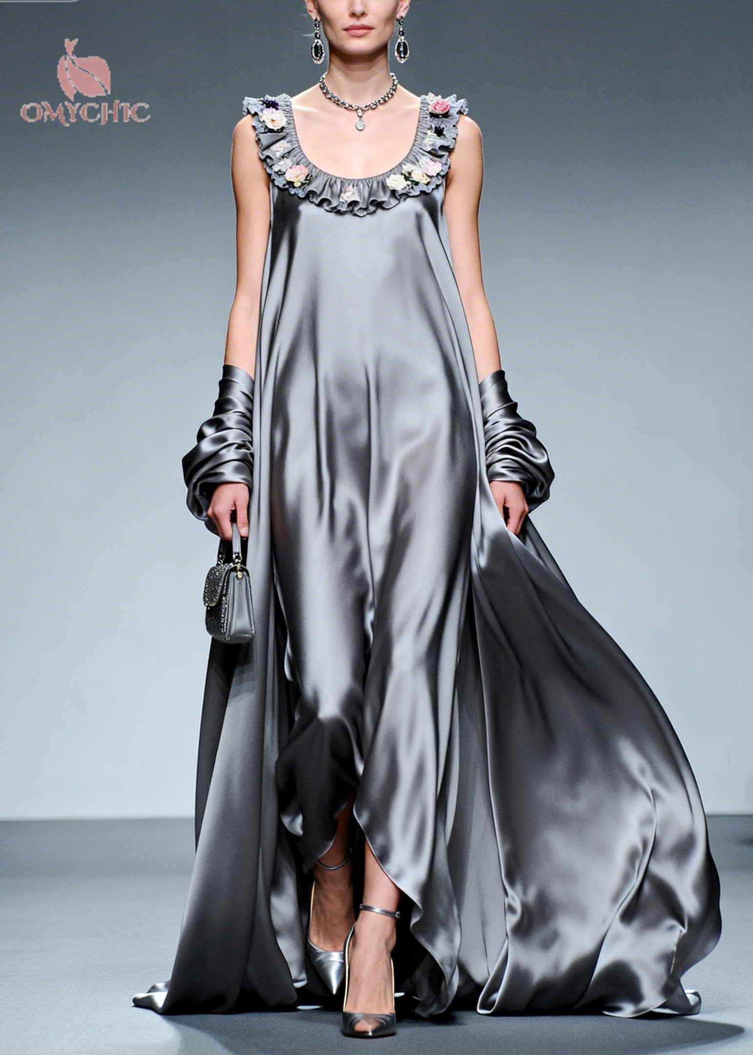 Floral Ruffle Scoop Neck Metallic Satin Oversized Sleeveless Maxi Gown