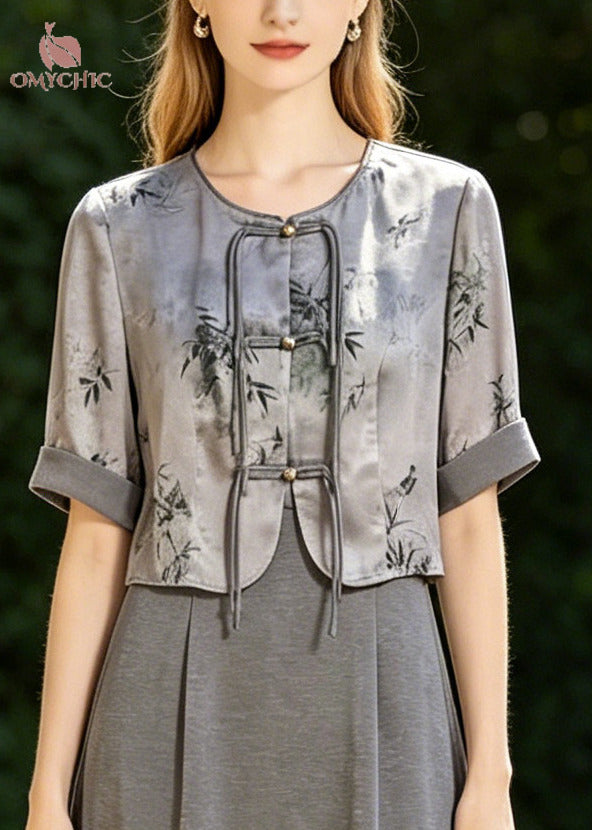 Bamboo Leaf Print Frog Button Cropped Jacket and Box Pleat Midi Skirt Two Piece Set