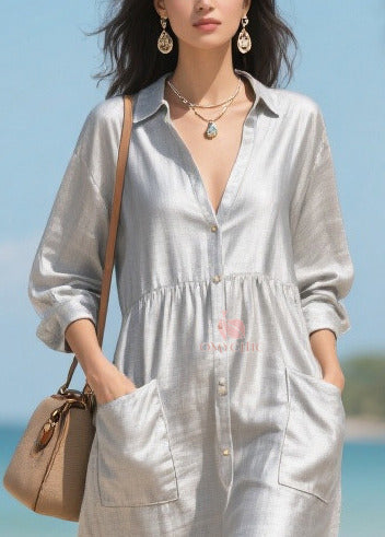 Collar V-Neck Button Front Metallic Patch Pocket Mesh Panel Shirt Dress