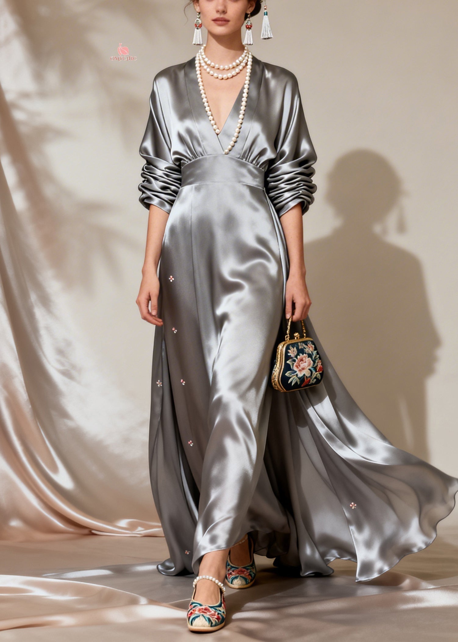 Satin Deep V-Neck Long Sleeve Empire Waist Flowy Maxi Gown