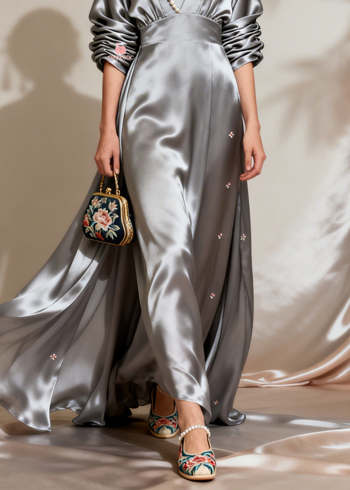 Satin Deep V-Neck Long Sleeve Empire Waist Flowy Maxi Gown