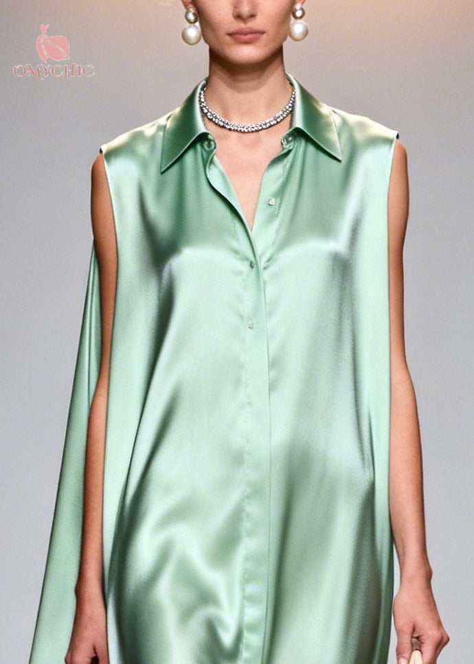 Fine Lake Green Peter Pan Collar Patchwork Lace Silk Maxi Dresses Sleeveless - View 2