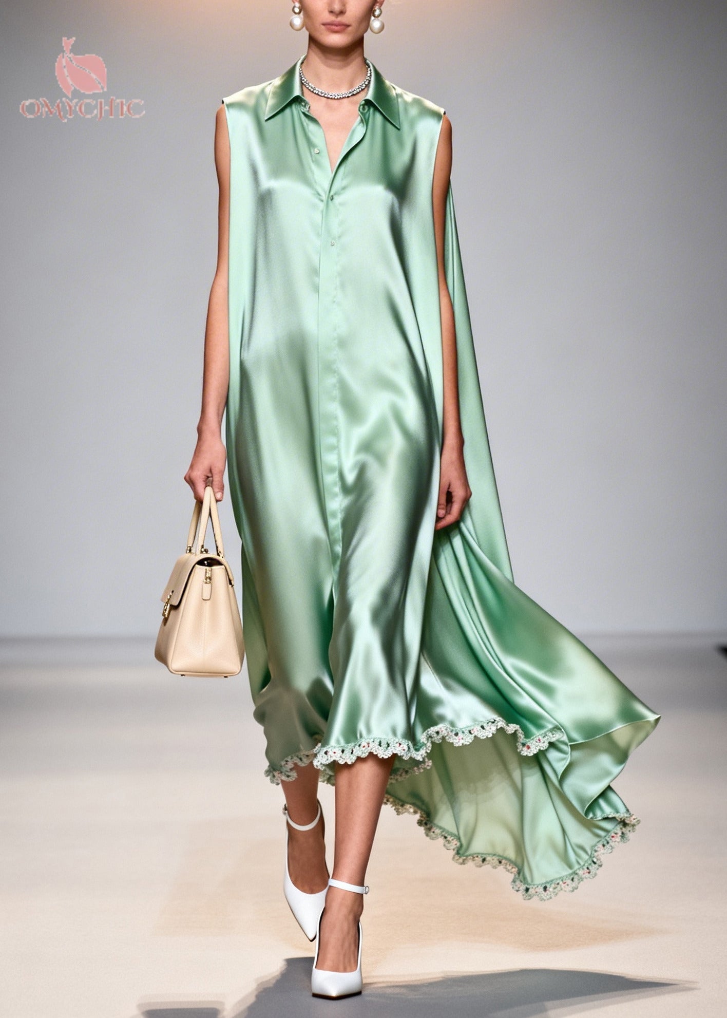 Fine Lake Green Peter Pan Collar Patchwork Lace Silk Maxi Dresses Sleeveless - View 3