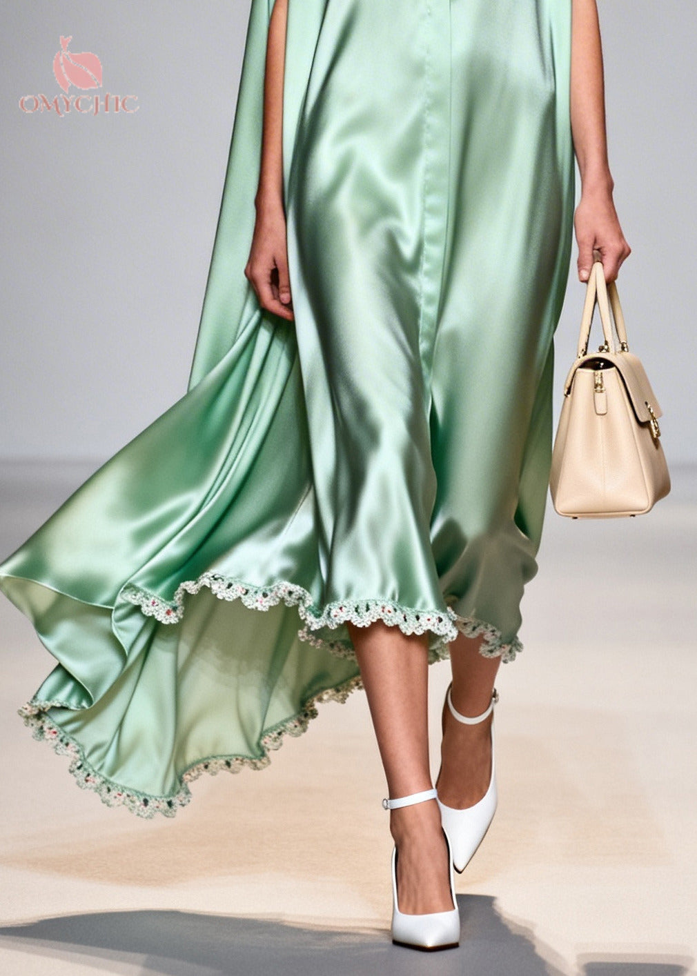 Fine Lake Green Peter Pan Collar Patchwork Lace Silk Maxi Dresses Sleeveless - View 4