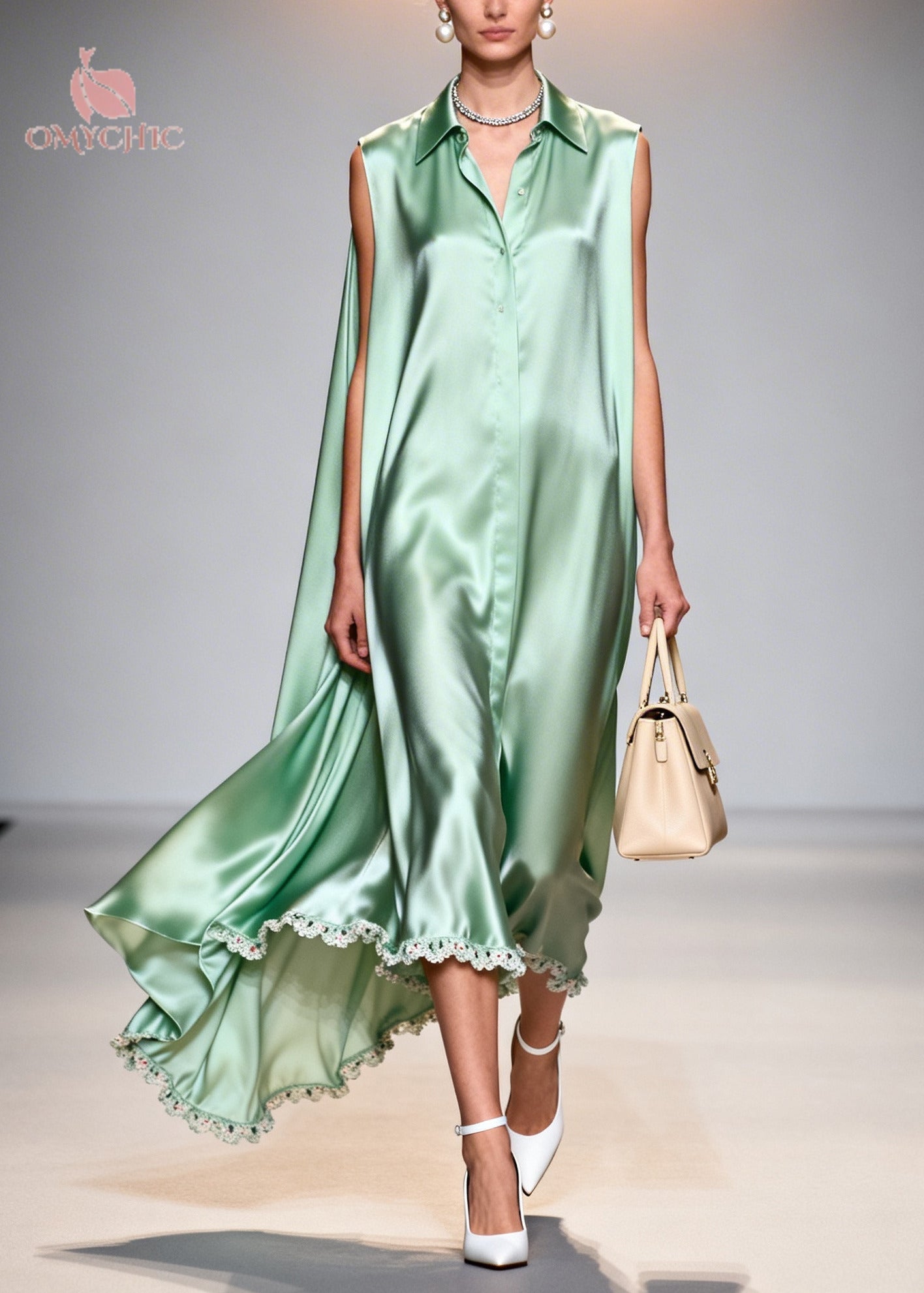 Fine Lake Green Peter Pan Collar Patchwork Lace Silk Maxi Dresses Sleeveless - View 5