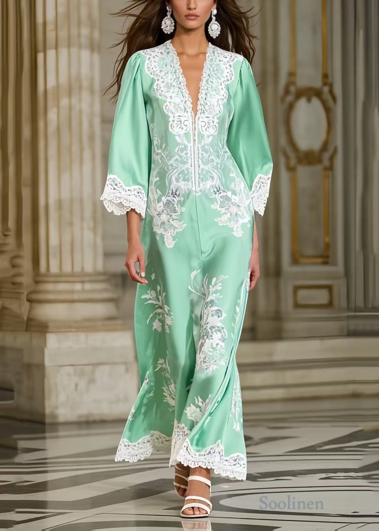 Floral Print Lace Trim Deep V-Neck Bell Sleeve Maxi Gown