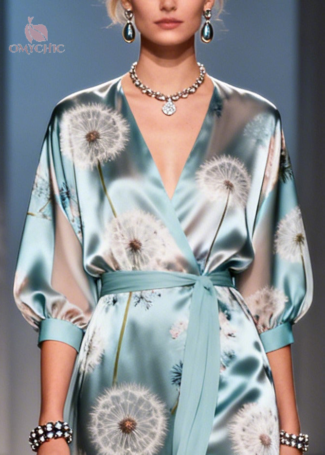 Dandelion Print Satin Wrap Deep V-Neck Three Quarter Sleeve Tie Waist High Split Maxi Gown