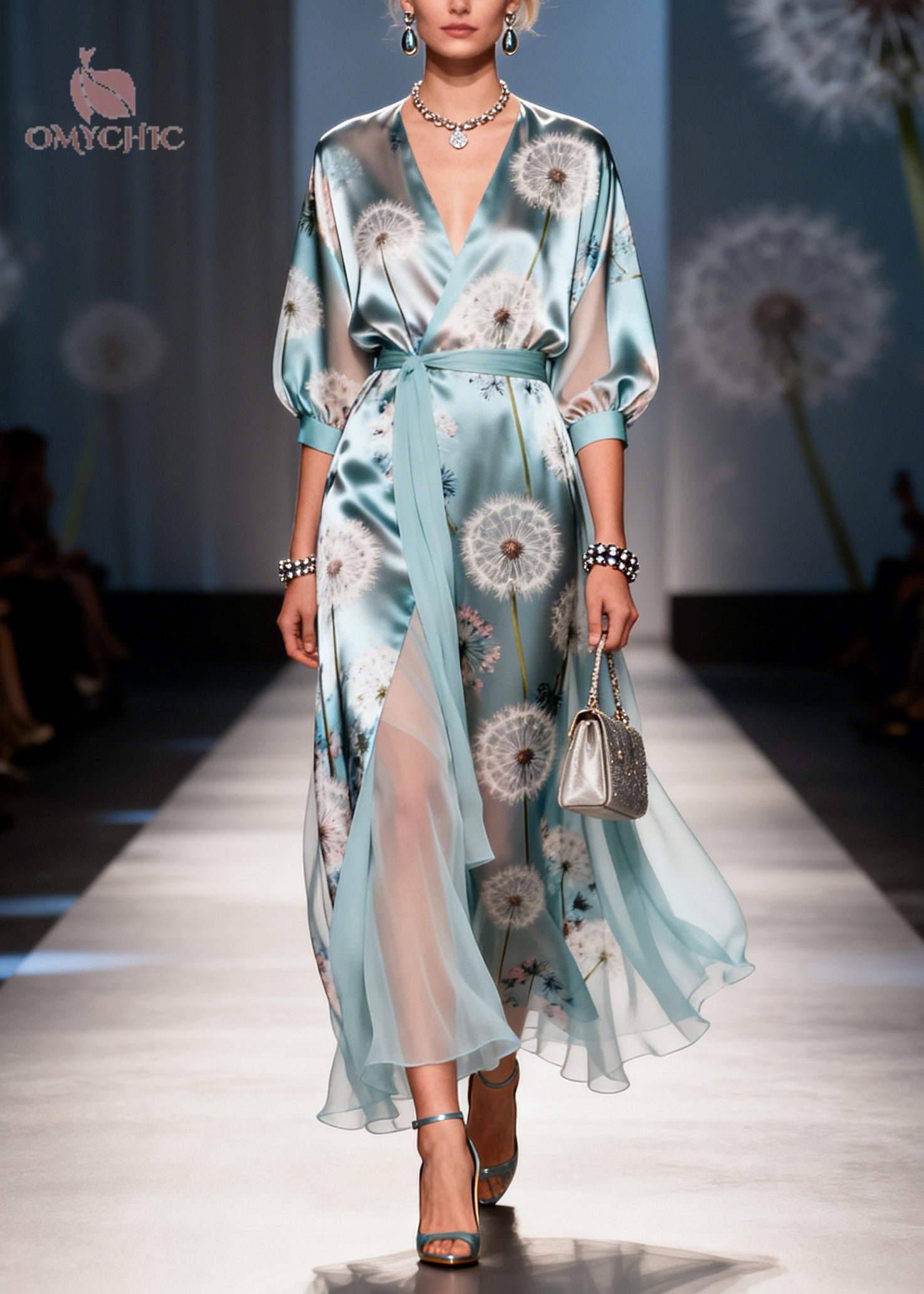 Dandelion Print Satin Wrap Deep V-Neck Three Quarter Sleeve Tie Waist High Split Maxi Gown