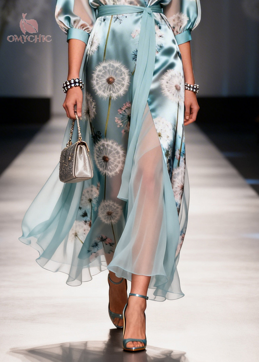 Dandelion Print Satin Wrap Deep V-Neck Three Quarter Sleeve Tie Waist High Split Maxi Gown