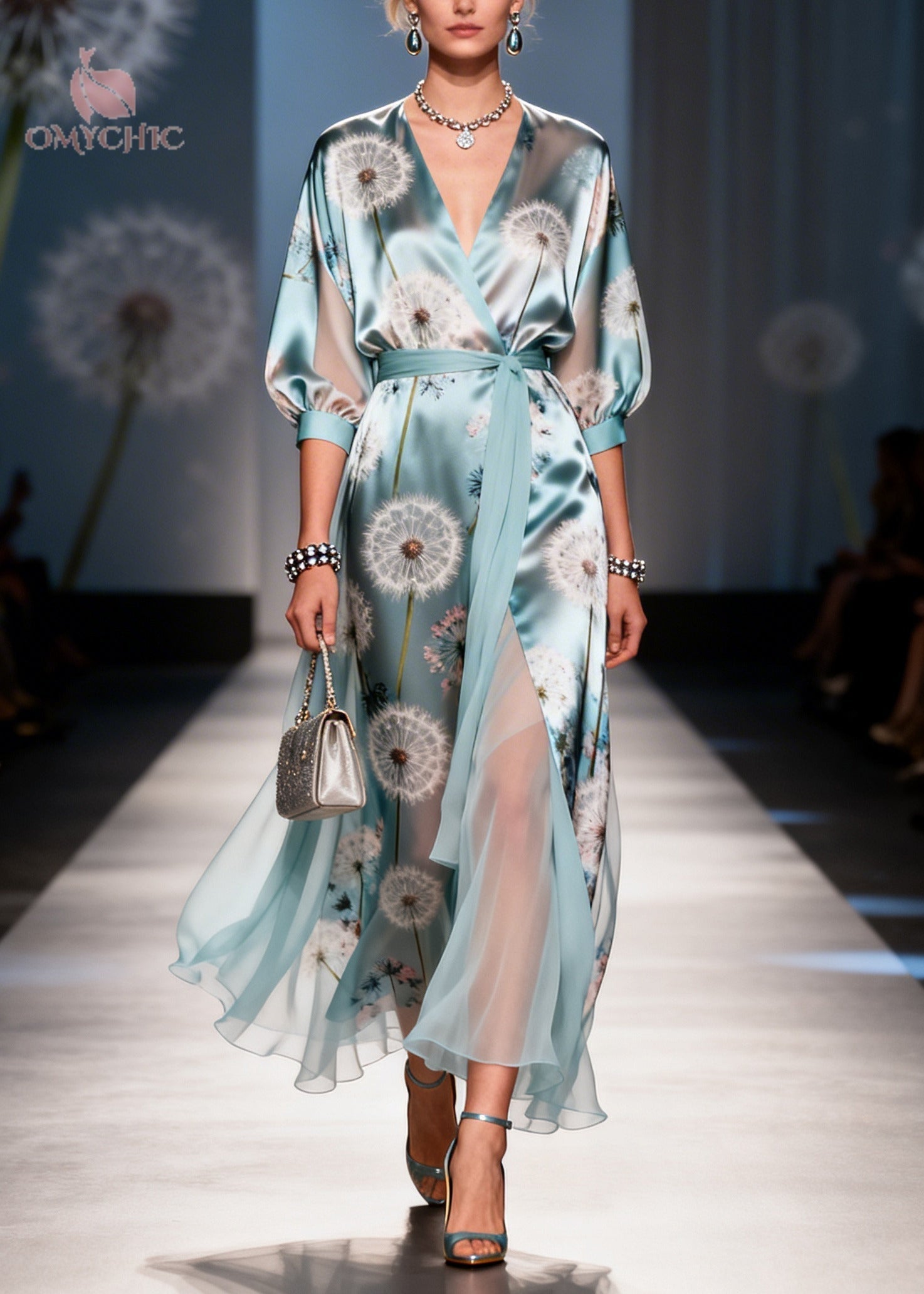 Dandelion Print Satin Wrap Deep V-Neck Three Quarter Sleeve Tie Waist High Split Maxi Gown