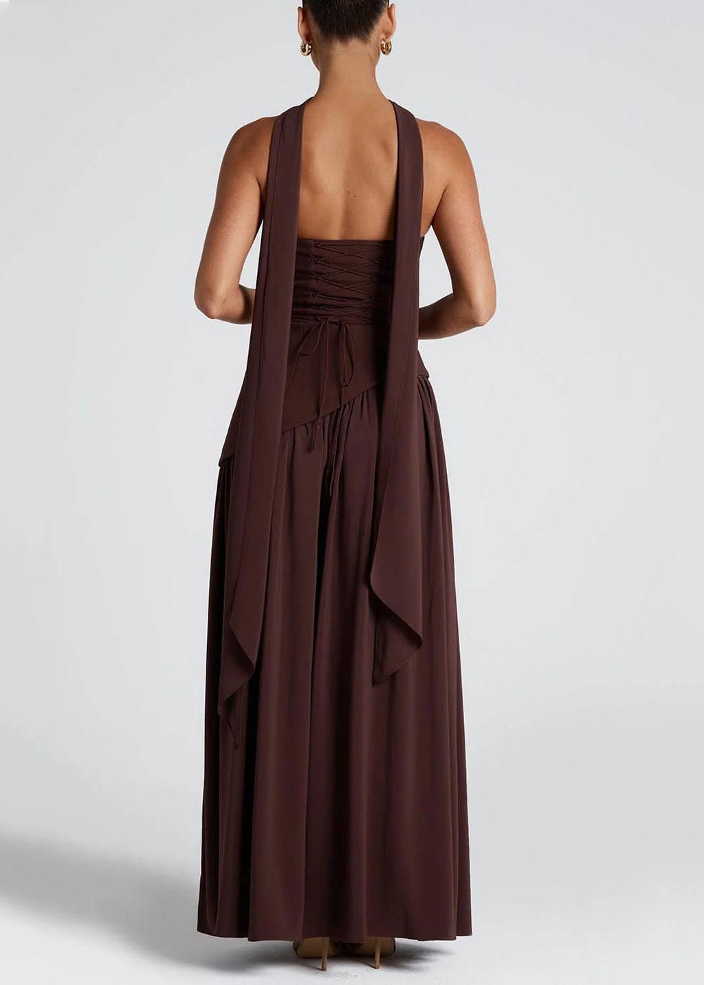 Strapless Asymmetric Drop Waist Pleated Scarf Drape Maxi Gown