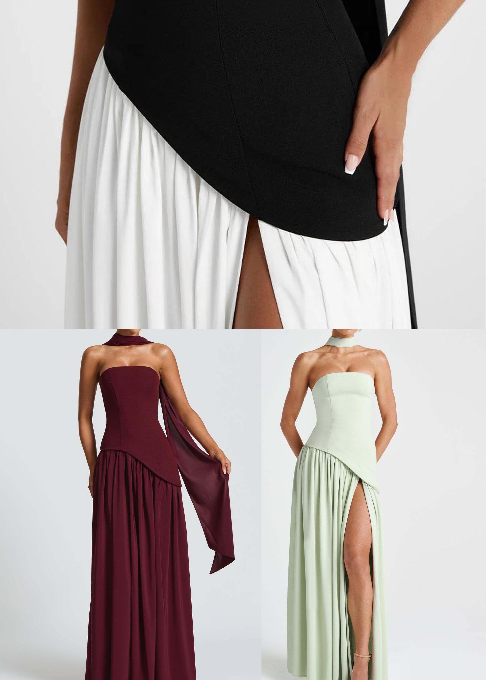 Strapless Asymmetric Drop Waist Pleated Scarf Drape Maxi Gown